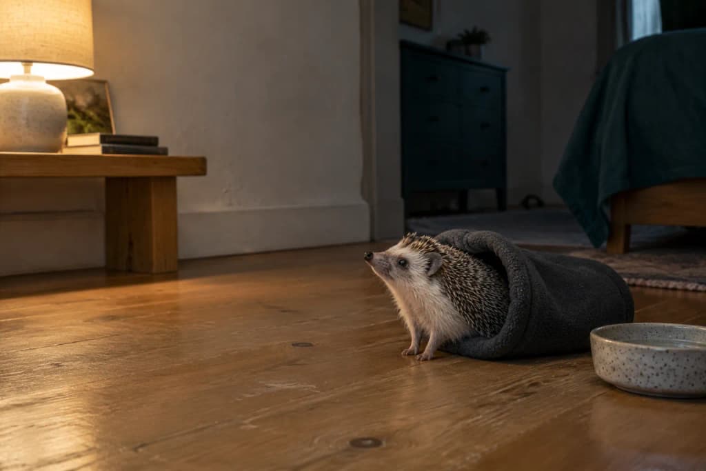Salt and pepper African pygmy hedgehog nosing out of a charcoal fleece pouch on a pine floor at lamplight