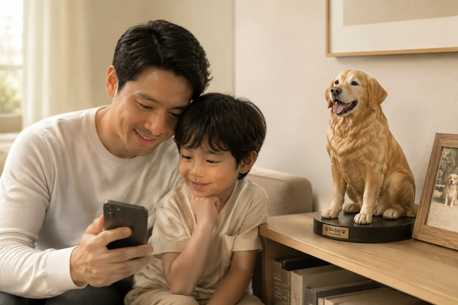 Parent and child viewing a phone photo near a Golden Retriever resin figurine on a low shelf