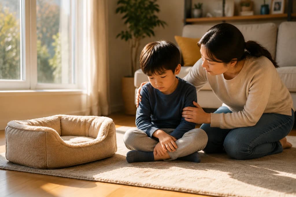 A young child sitting beside an empty pet bed in a sunlit room as a parent kneels to gently comfort them