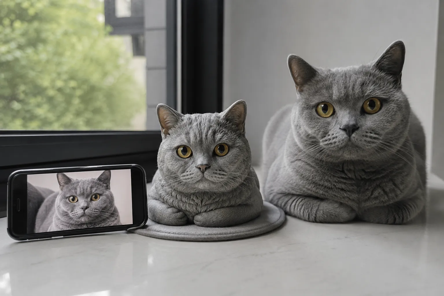 A phone showing a British Shorthair photo leaning on a resin figurine of the same cat on a quiet windowsill