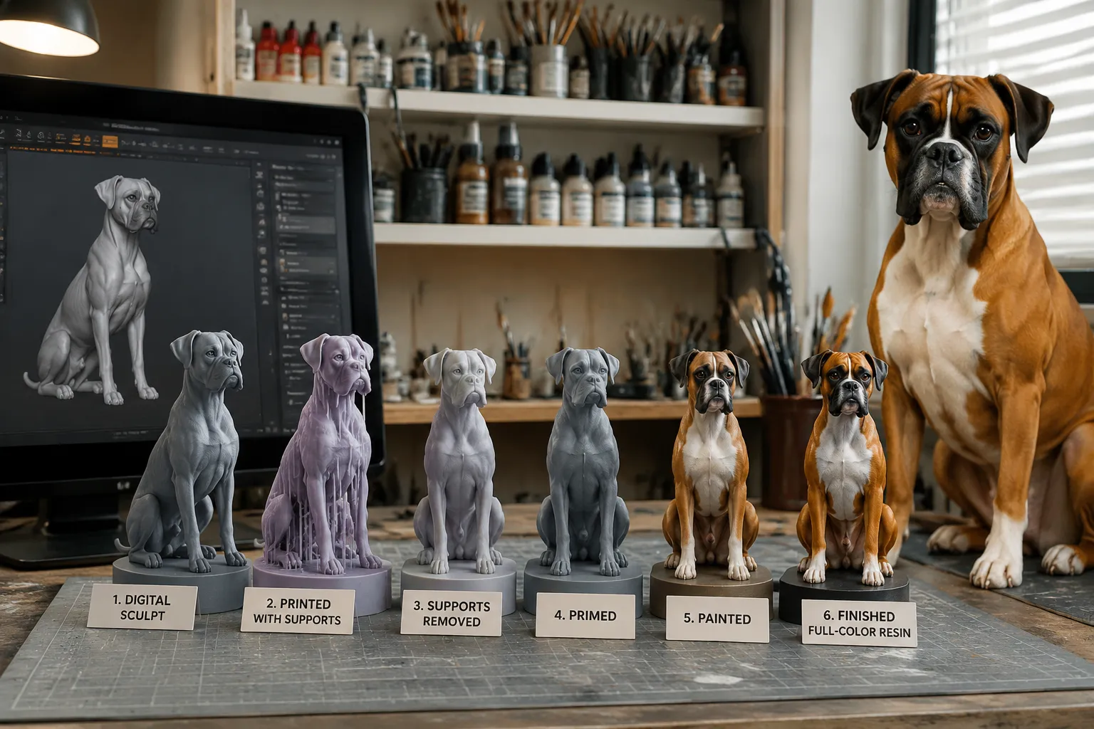 Stages of a Boxer's full-color resin figurine on an artist bench with the real Boxer sitting alertly nearby