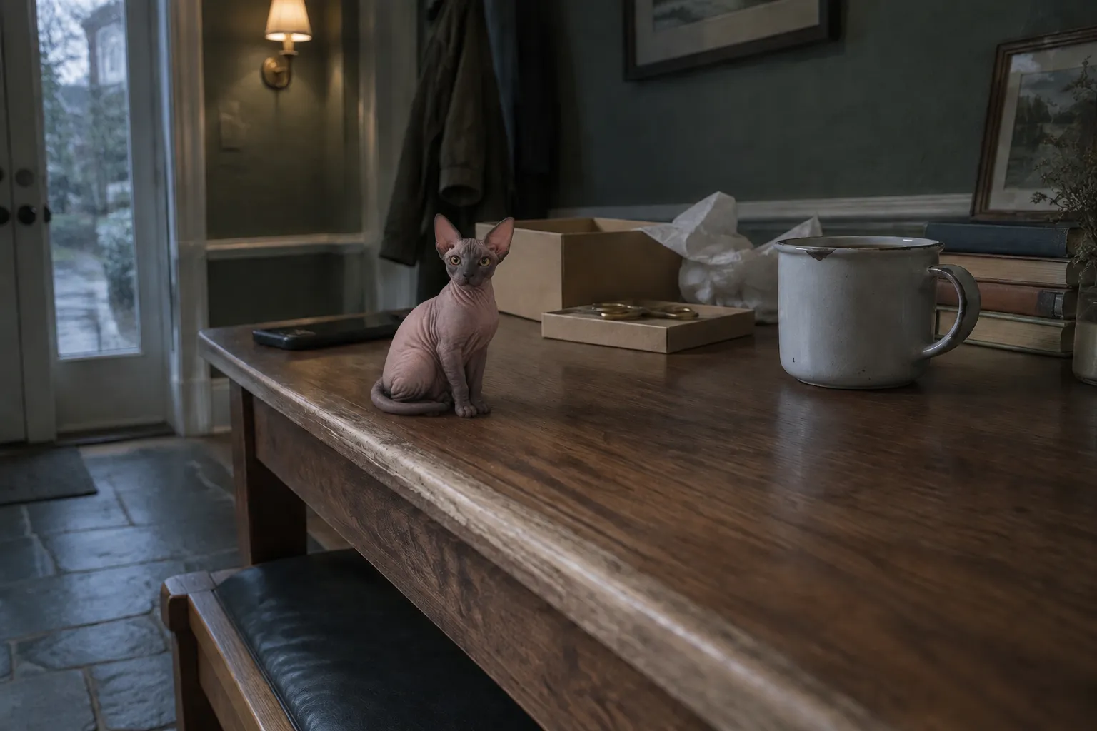 A printed Sphynx figurine on a dark walnut hall table beside a face-down phone, a kraft box and small scissors.
