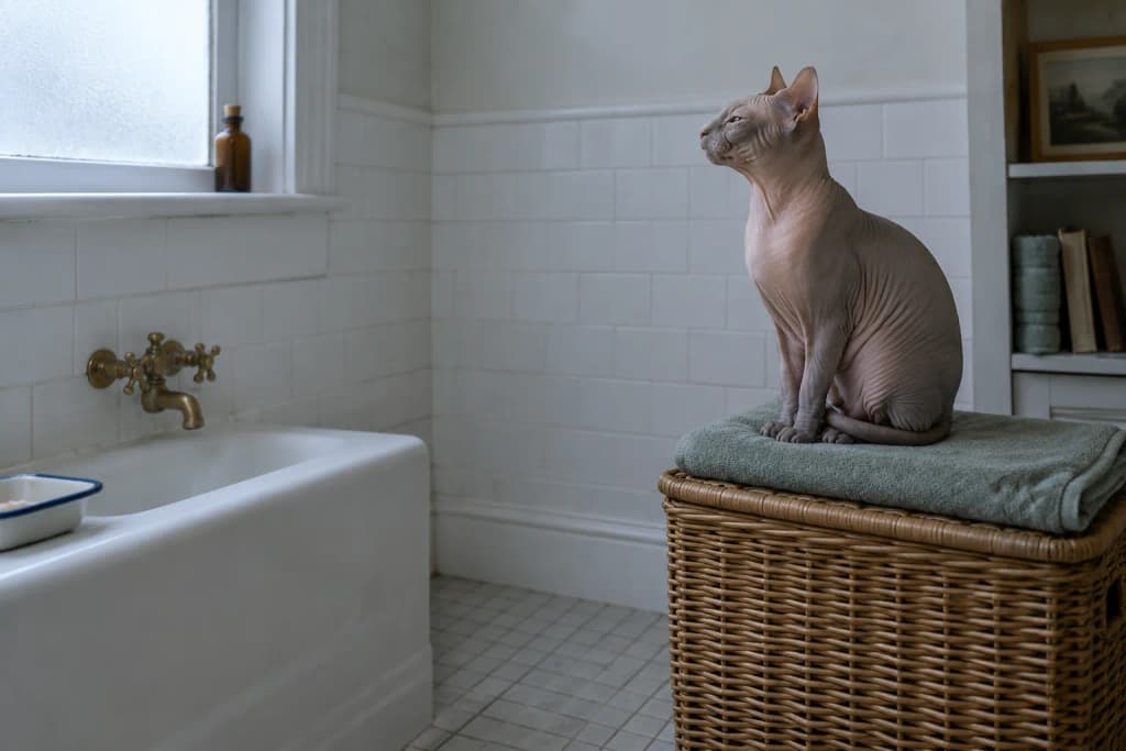 A biscuit-fawn Sphynx cat sits hunched on a folded towel on a hamper lid in a tiled bathroom.