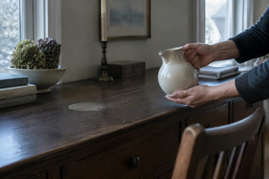 Two hands lift a small ironstone jug from an oak sideboard, uncovering a pale ring in the wax.