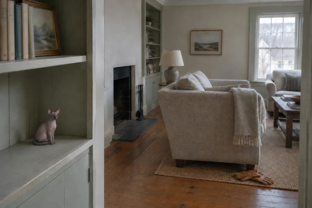 A printed Sphynx figurine on a painted shelf in a front room, seen wide, window light on a bare maple.