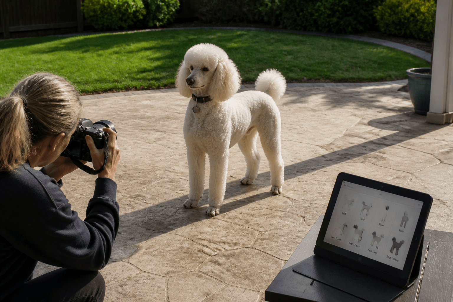 Person photographing a Standard Poodle from multiple angles in bright natural light with a reference chart on a tablet nearby