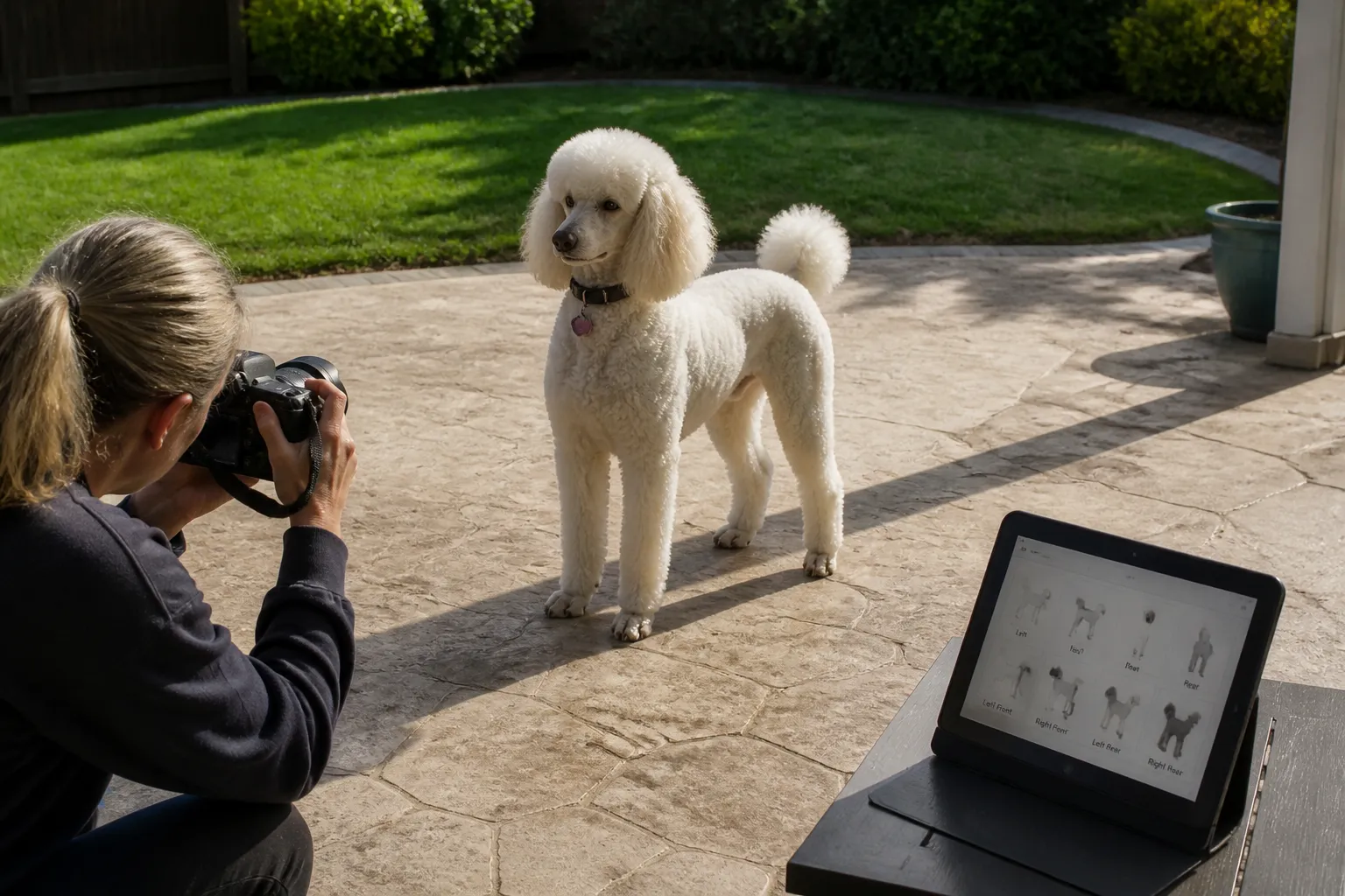 Person photographing a Standard Poodle from multiple angles in bright natural light with a reference chart on a tablet nearby
