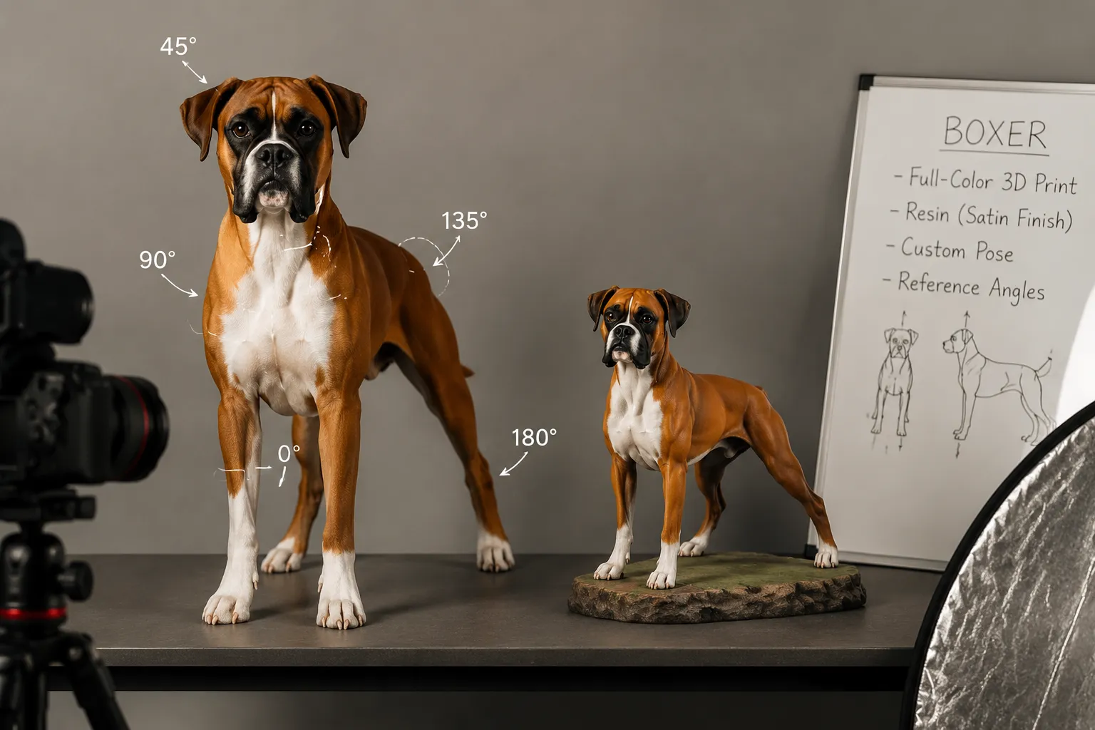 A short-coat Boxer being photographed for a figurine beside a custom-posed Boxer resin figurine