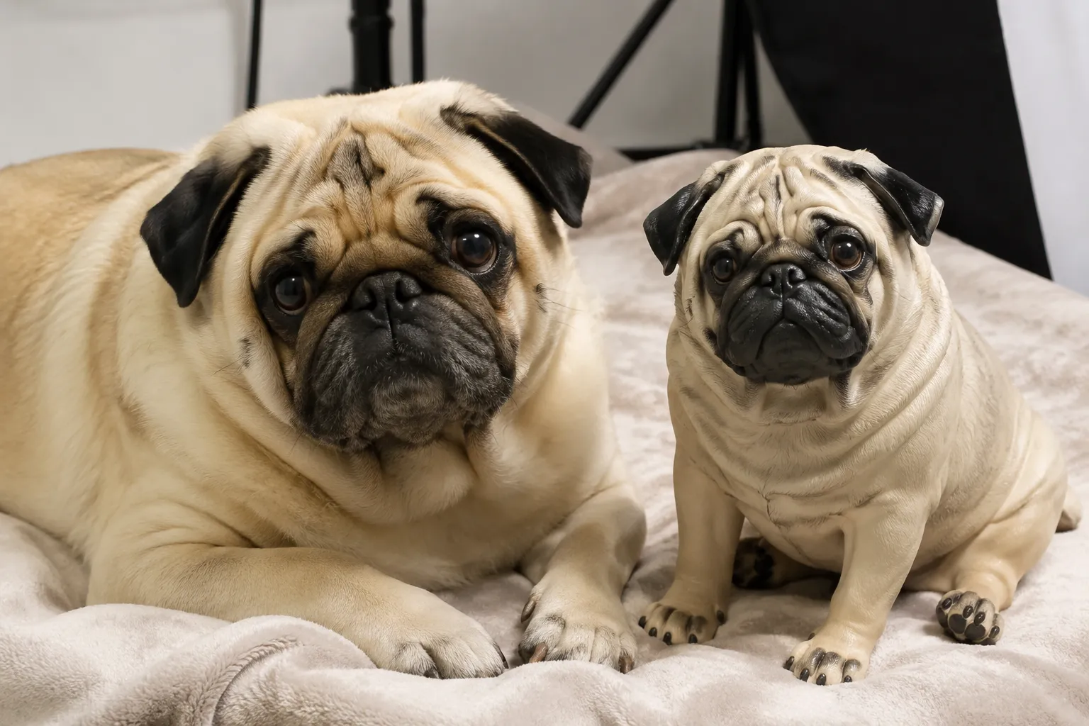 A wrinkled-face Pug on a blanket beside its detailed full-color resin figurine in an artist photo setup