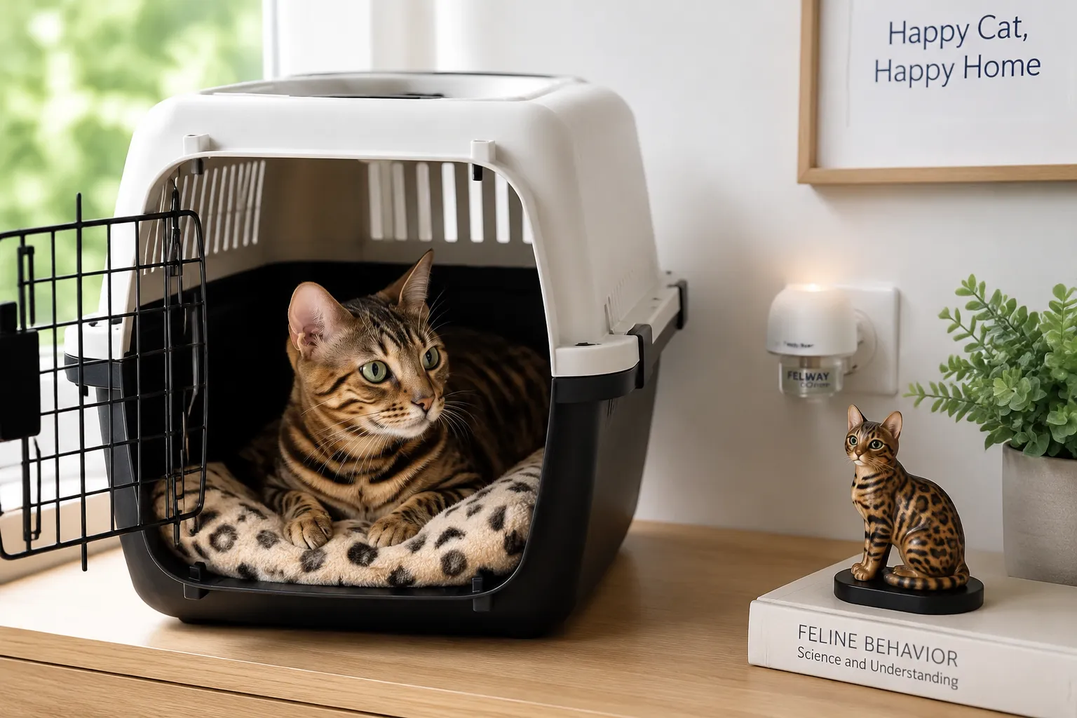 A relaxed Bengal cat resting in an open carrier at home with a small Bengal figurine on a shelf