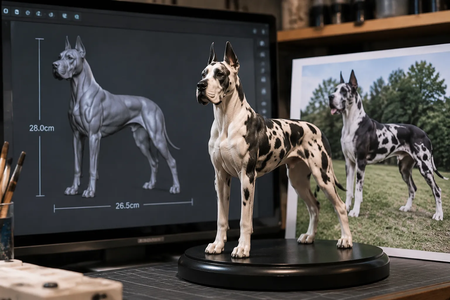 A resin Great Dane figurine beside a screen showing its scaled digital sculpt and a photo of the real dog