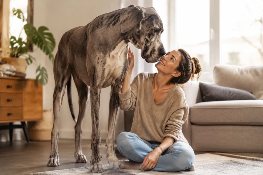 A towering Great Dane standing gently beside its owner in a bright living room, a gentle giant in soft light