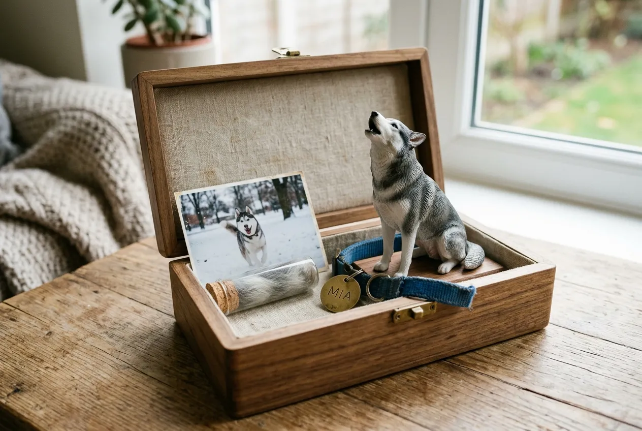 Open wooden memory box with a full-color 3D printed resin Husky figurine, collar tag, fur vial, and photo in warm window light