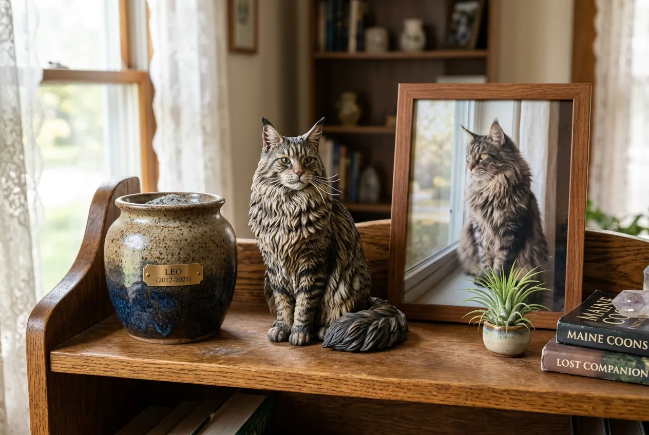Maine Coon 3D figurine next to ceramic urn and framed photo on elegant memorial shelf