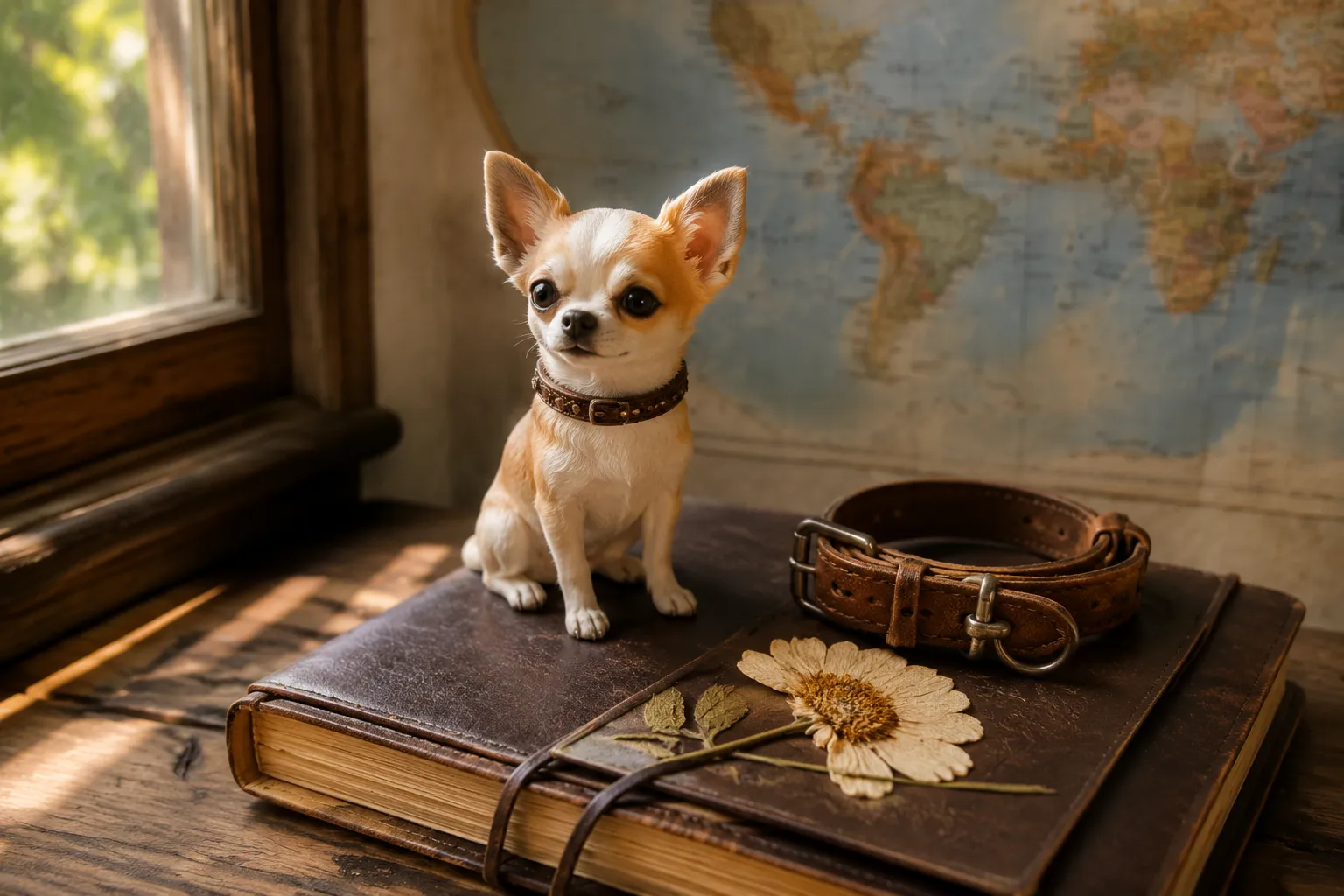 Full-color 3D printed resin Chihuahua figurine with detailed collar on a travel journal beside a real collar and pressed flower