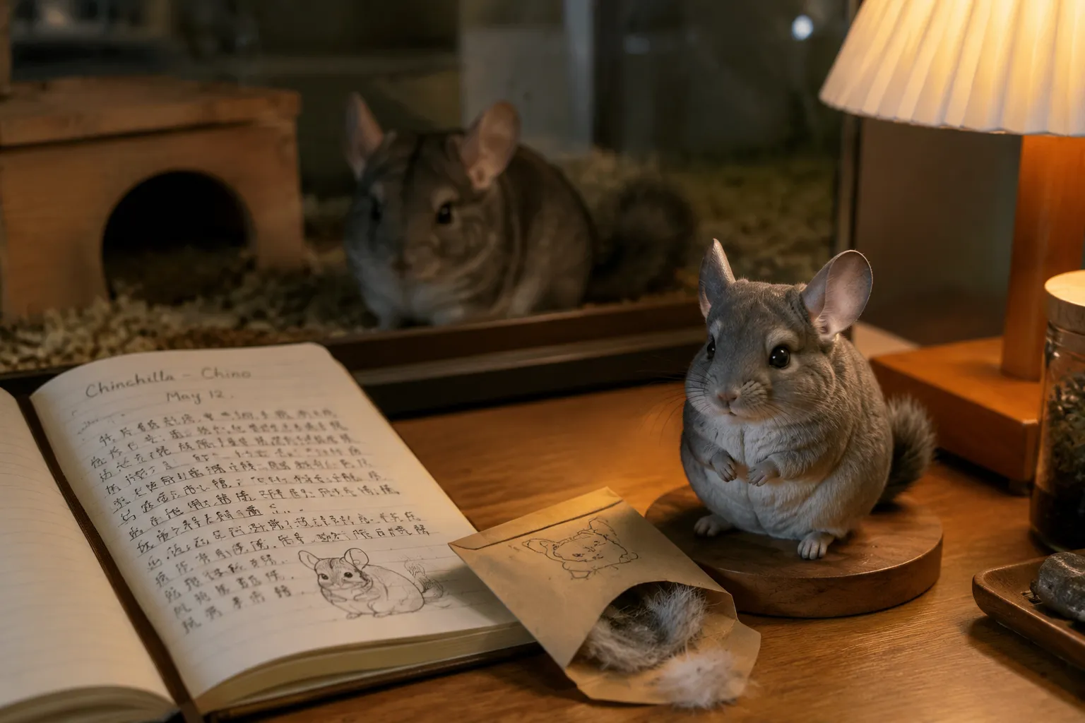 An open journal and fur clippings beside a Chinchilla resin figurine on a softly lit desk