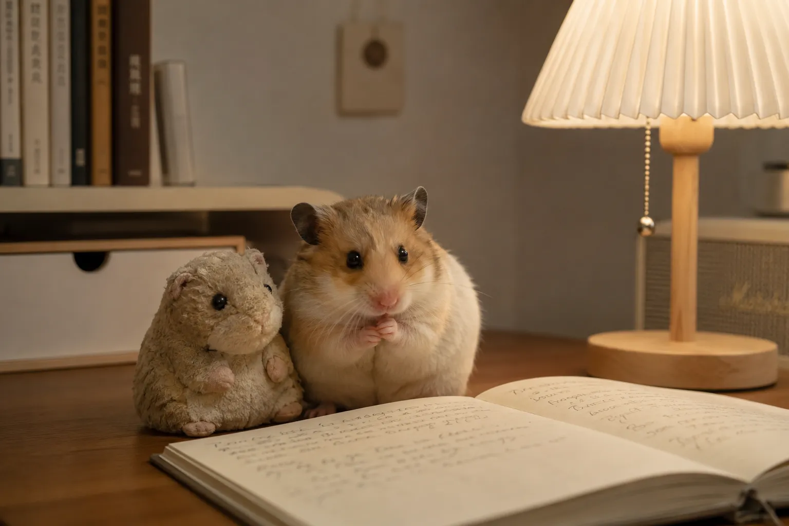 Worn hamster toy beside a full-color resin figurine and an open journal on a softly lit desk