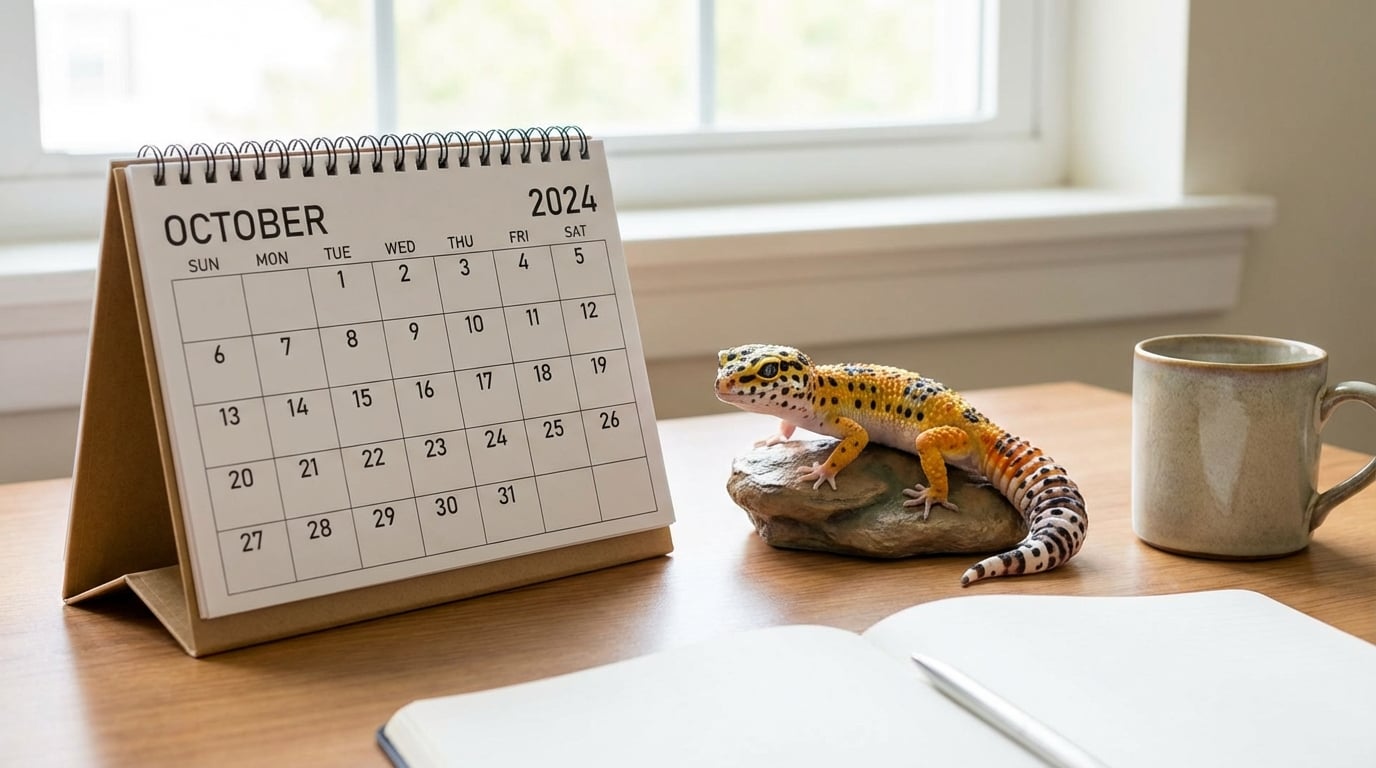 Gecko figurine on a desk next to a calendar.