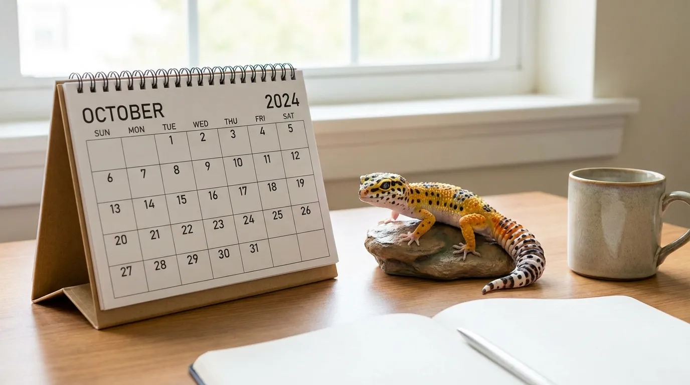 Gecko figurine on a desk next to a calendar.
