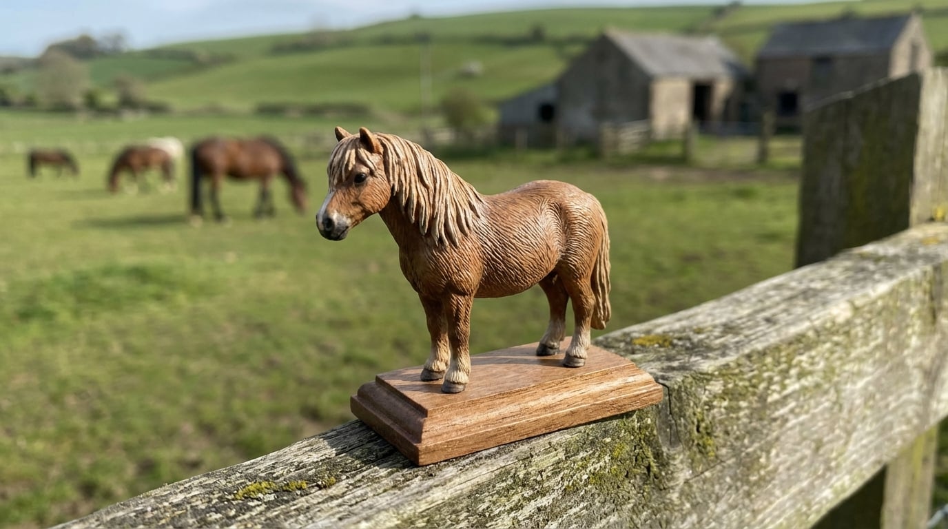 Custom pony figurine resting on a fence rail, representing loss of a large animal.