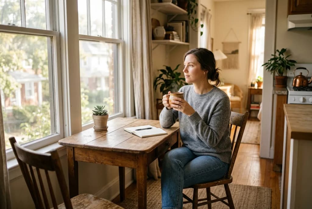 Person sitting alone at a kitchen table with morning coffee and sunlight streaming through the window