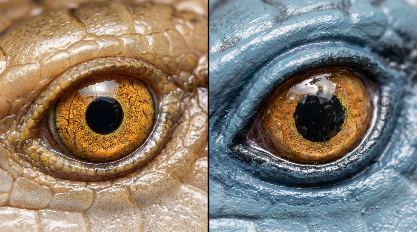 Macro comparison of real skink eye and figurine eye
