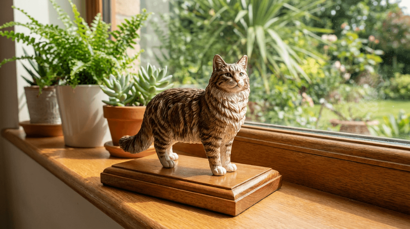 Maine Coon figurine sitting on a sunny windowsill where the cat used to watch birds.