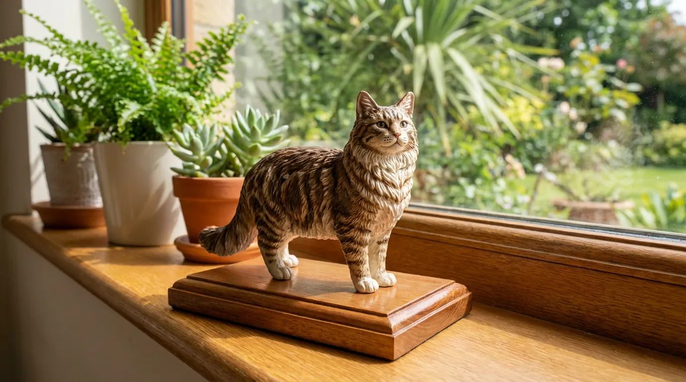 Maine Coon figurine sitting on a sunny windowsill where the cat used to watch birds.
