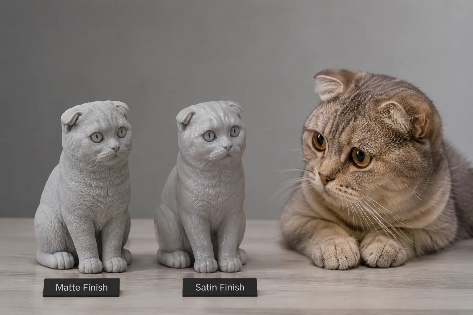 A real Scottish Fold cat next to two resin figurines showing matte and satin finishes of its folded ears