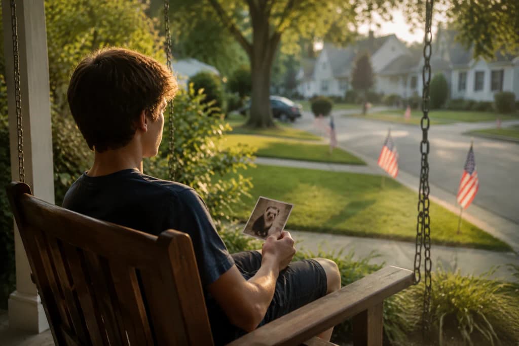 Teenager on a porch swing holding a small feret photo looking at American flags on neighborhood lawns in late May light