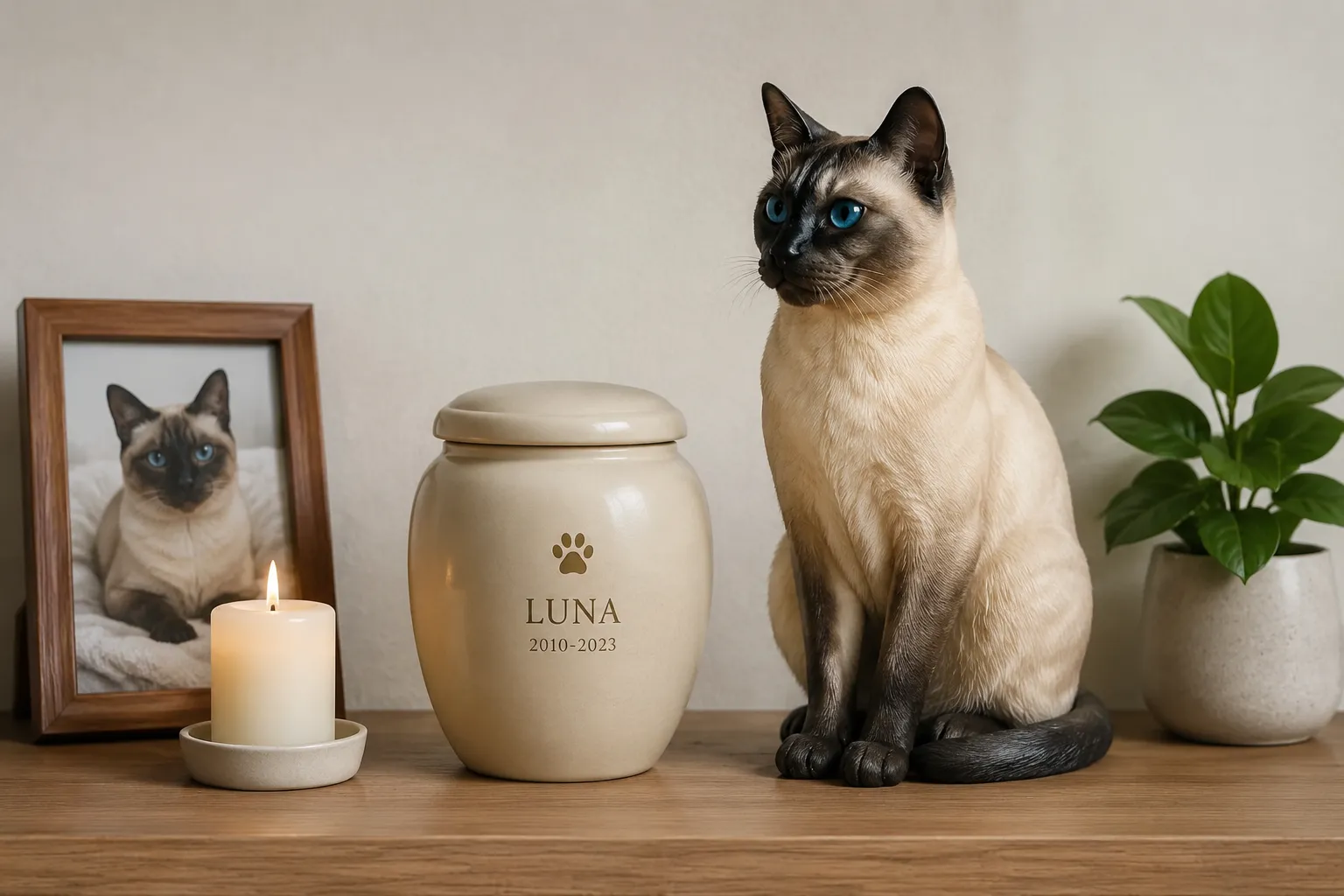 Full-color resin figurine of a Siamese cat beside a simple urn on a minimalist memorial shelf