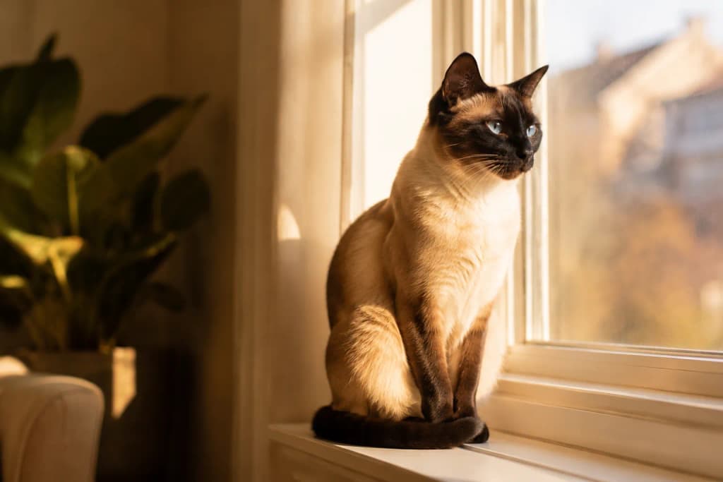 Elegant Siamese cat sitting on a sunlit windowsill with a sleek cream and seal-point coat
