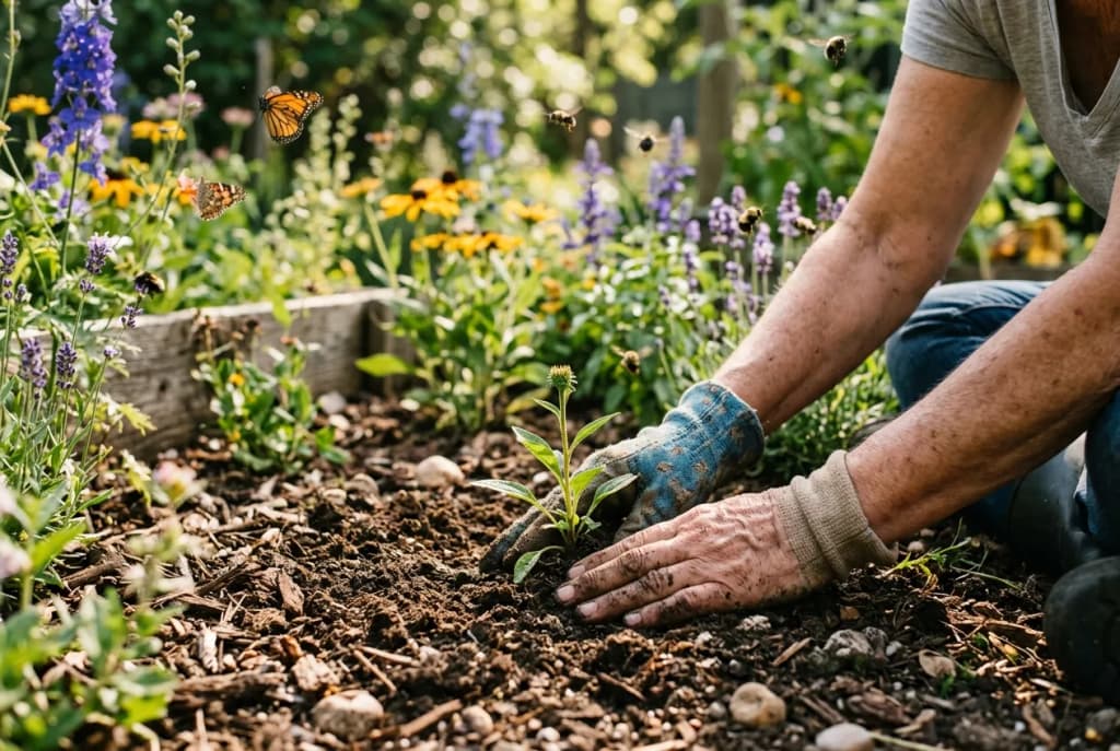 Hands planting a wildflower seedling in a sunny garden with butterflies and bees in the background