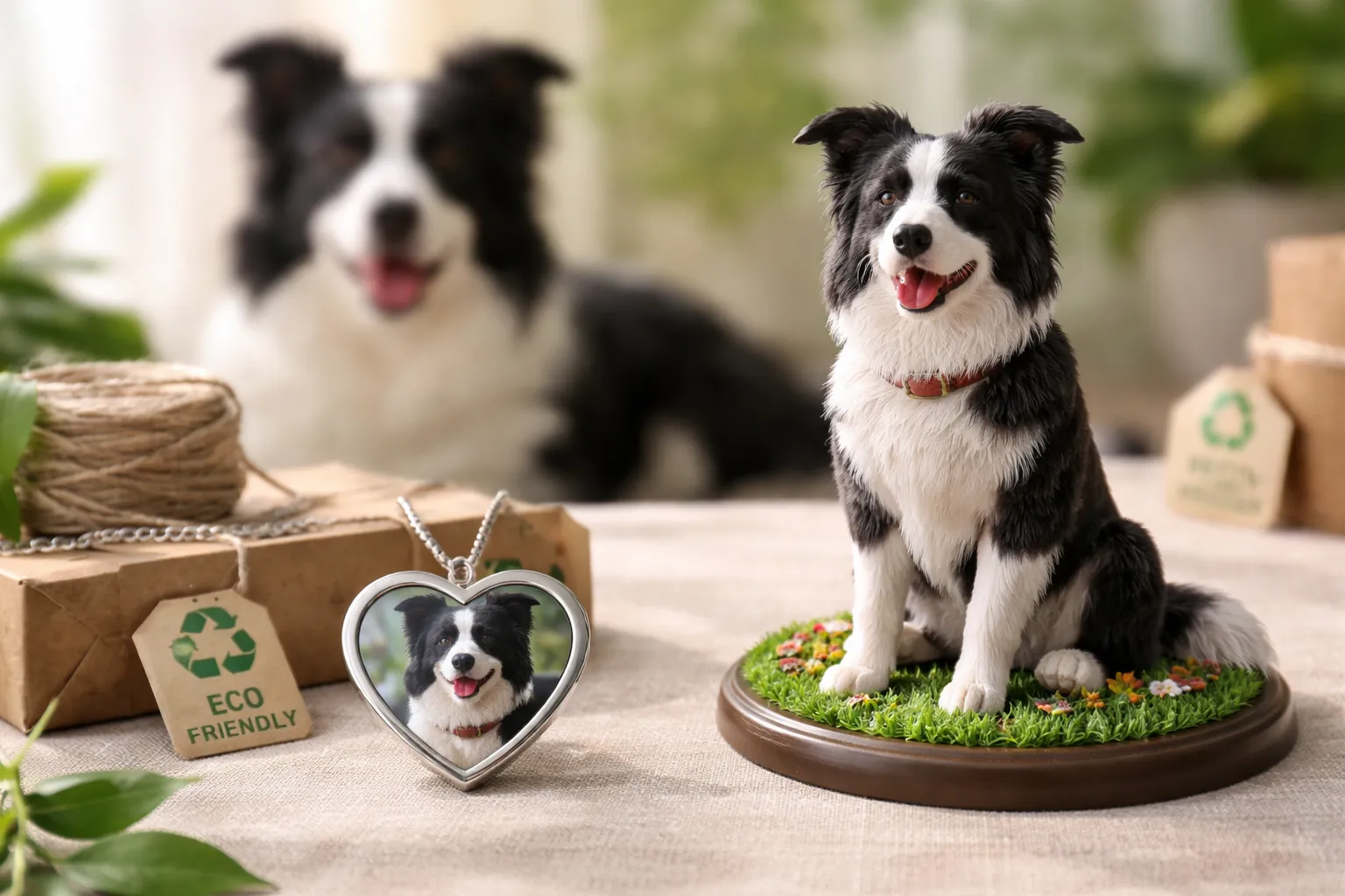 A memorial pendant beside a Border Collie resin figurine in an eco-conscious comparison with the real dog behind