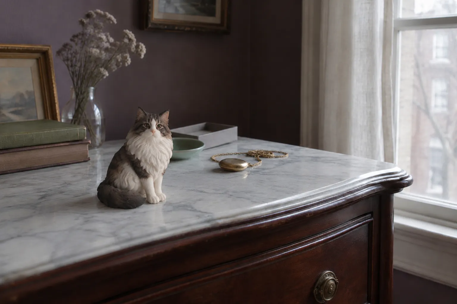 Norwegian Forest Cat figurine beside a closed brass locket on a marble-topped mahogany dresser by a window