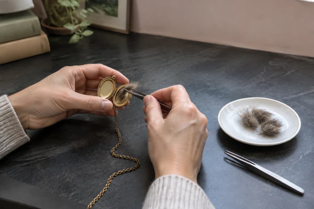 Hands using tweezers to place a tuft of brown tabby fur into an open brass locket on a soapstone counter