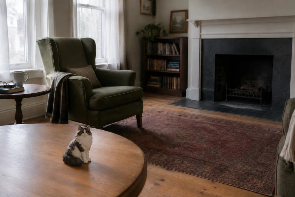 A Norwegian Forest Cat figurine on an oak side table next to a moss green armchair in a rowhouse parlor