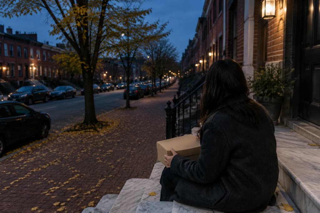 A person seen from behind sits on white marble rowhouse steps at dusk holding a plain cardboard parcel