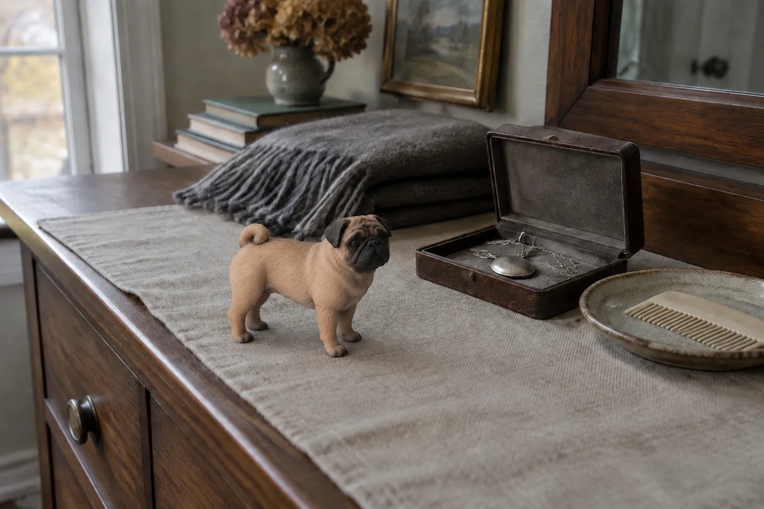 A fawn pug figurine with a black mask on a walnut dresser beside an open jewelry box and a silver locket