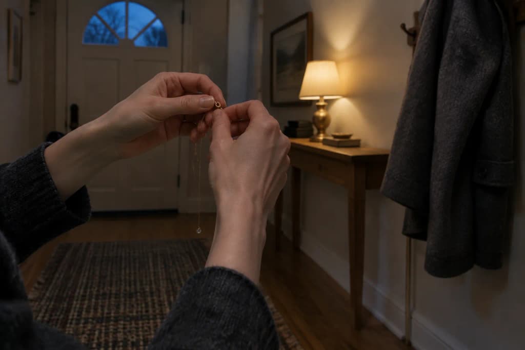 A woman's hands fastening the clasp of a thin chain necklace at her throat in a dim front hall at dusk