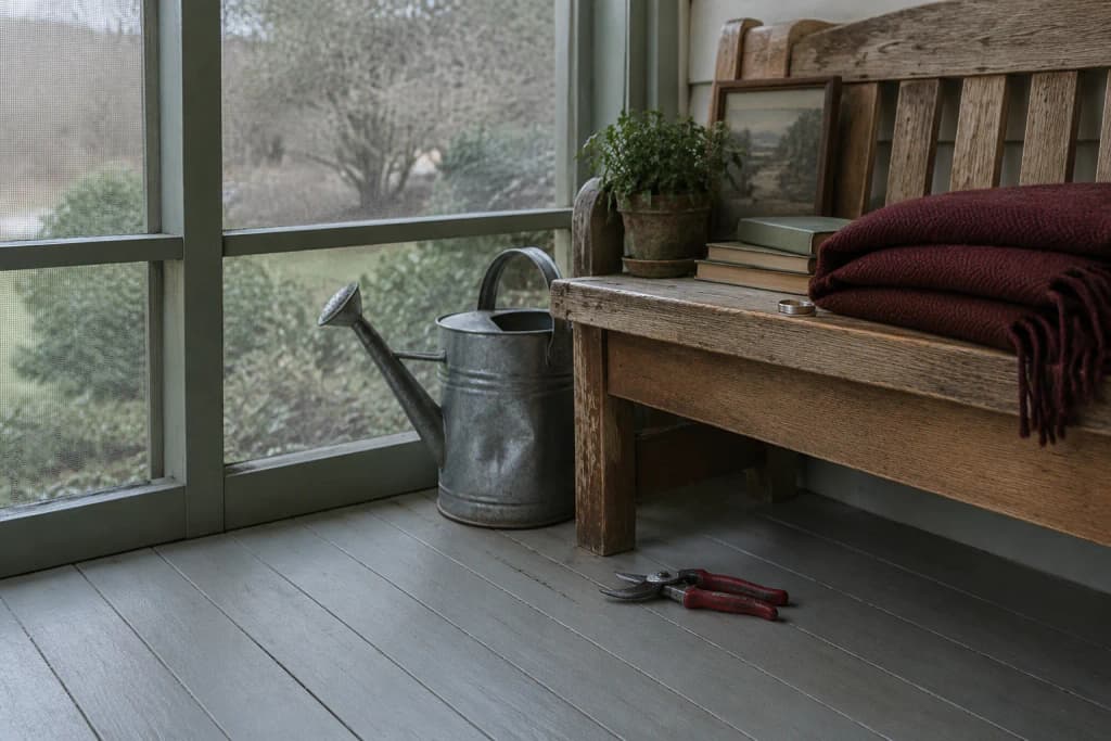 An oak porch bench with a folded wool blanket, a dented watering can, and a plain silver ring on the rail in grey shade