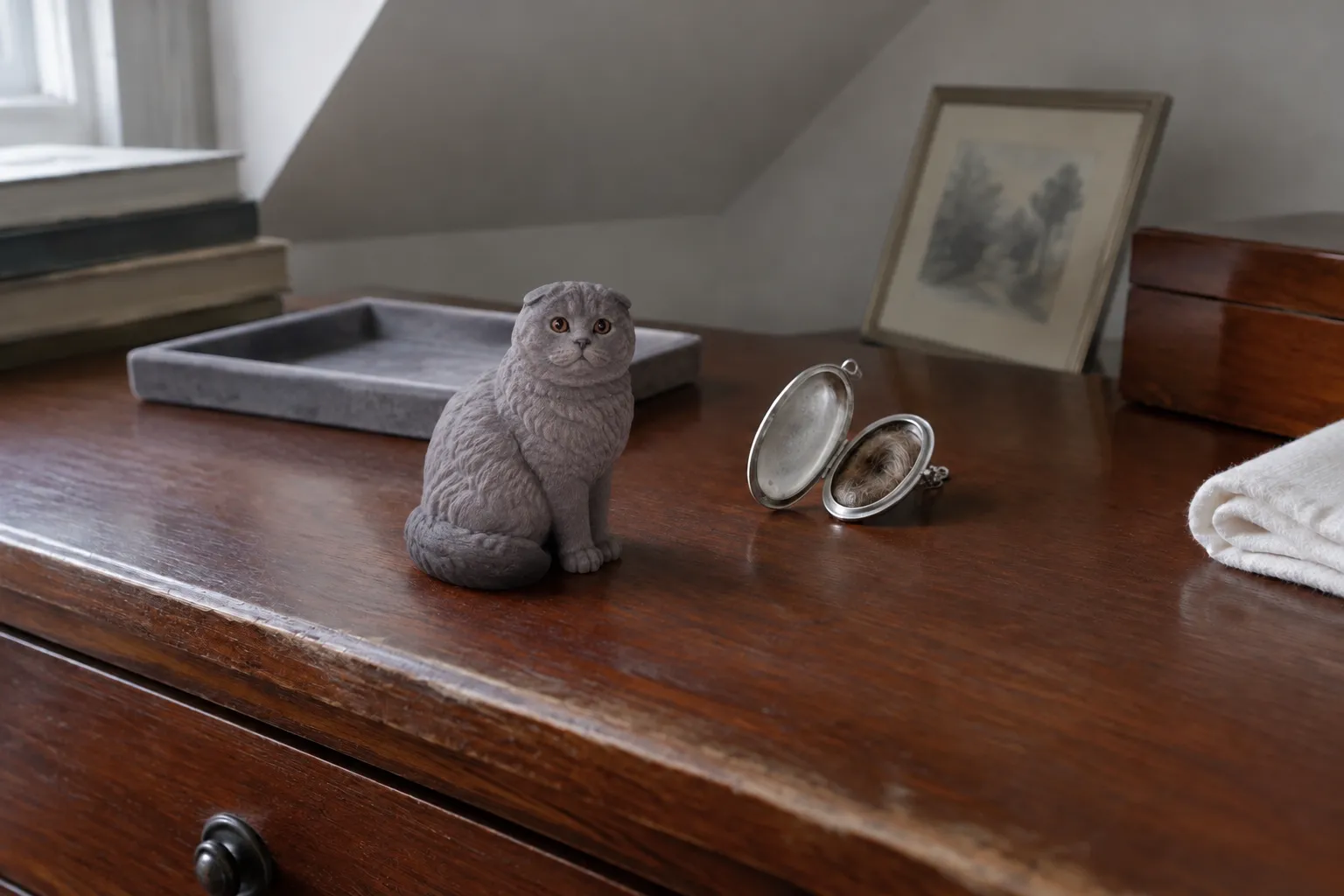 Brown tabby Scottish Fold cat figurine beside an open silver locket on a cherry dresser top in soft window light