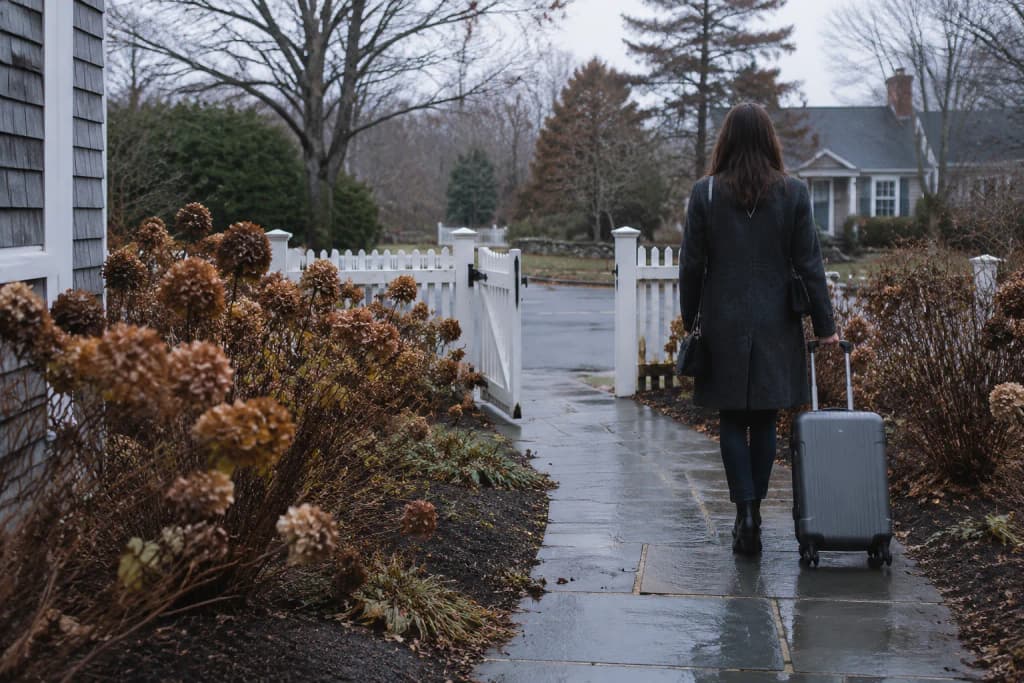 A woman seen from behind in a charcoal wool coat walks down a slate path toward the street with a small suitcase