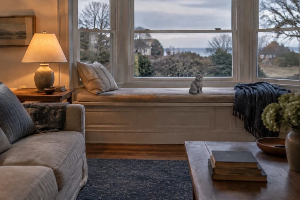 A living room window seat at dusk, a small brown tabby Scottish Fold figurine on the sill beside a lit table lamp