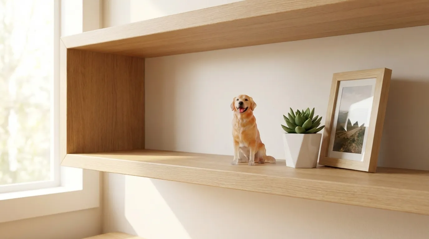 Minimalist shelf display with a Golden Retriever 3D printed figurine and plant