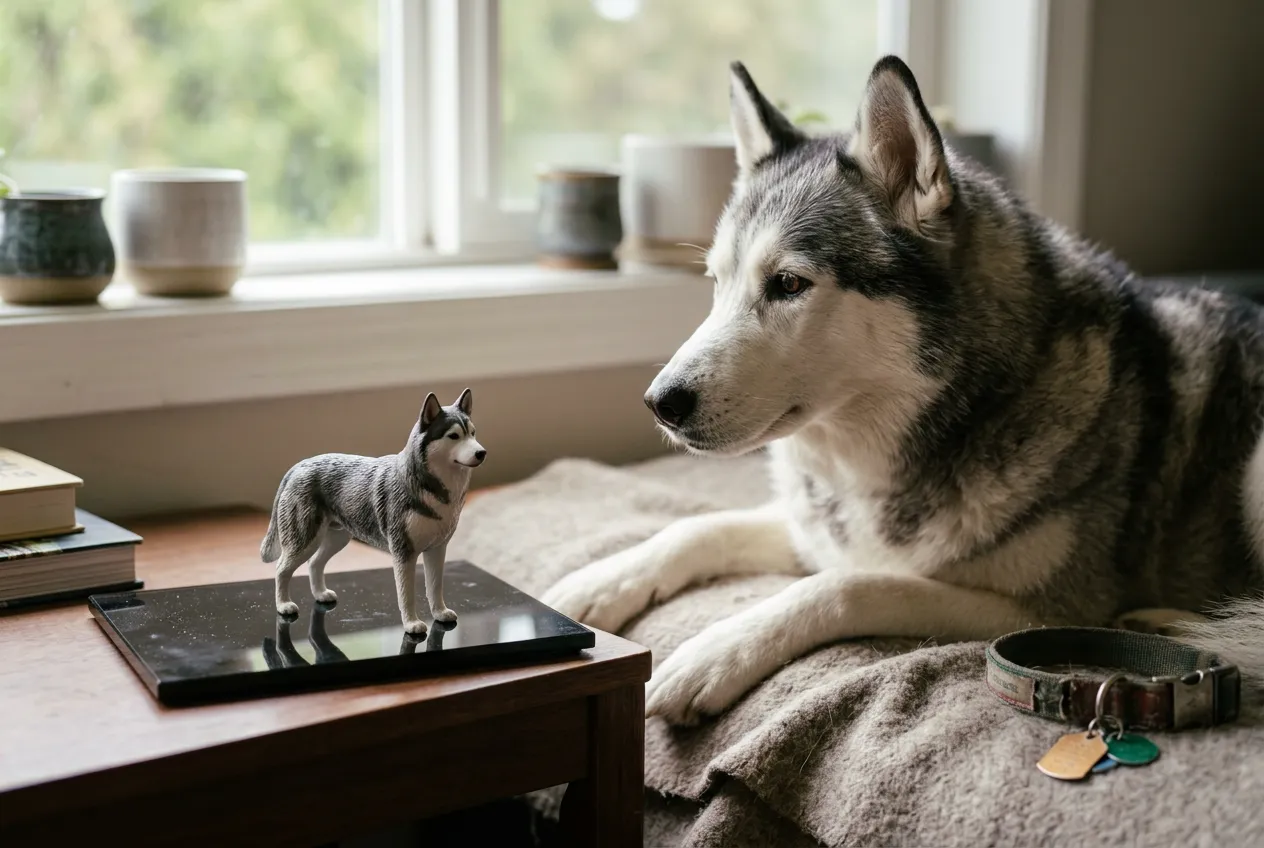 A Husky with a playful expression next to a custom figurine, capturing the spirit of a mischievous pet.