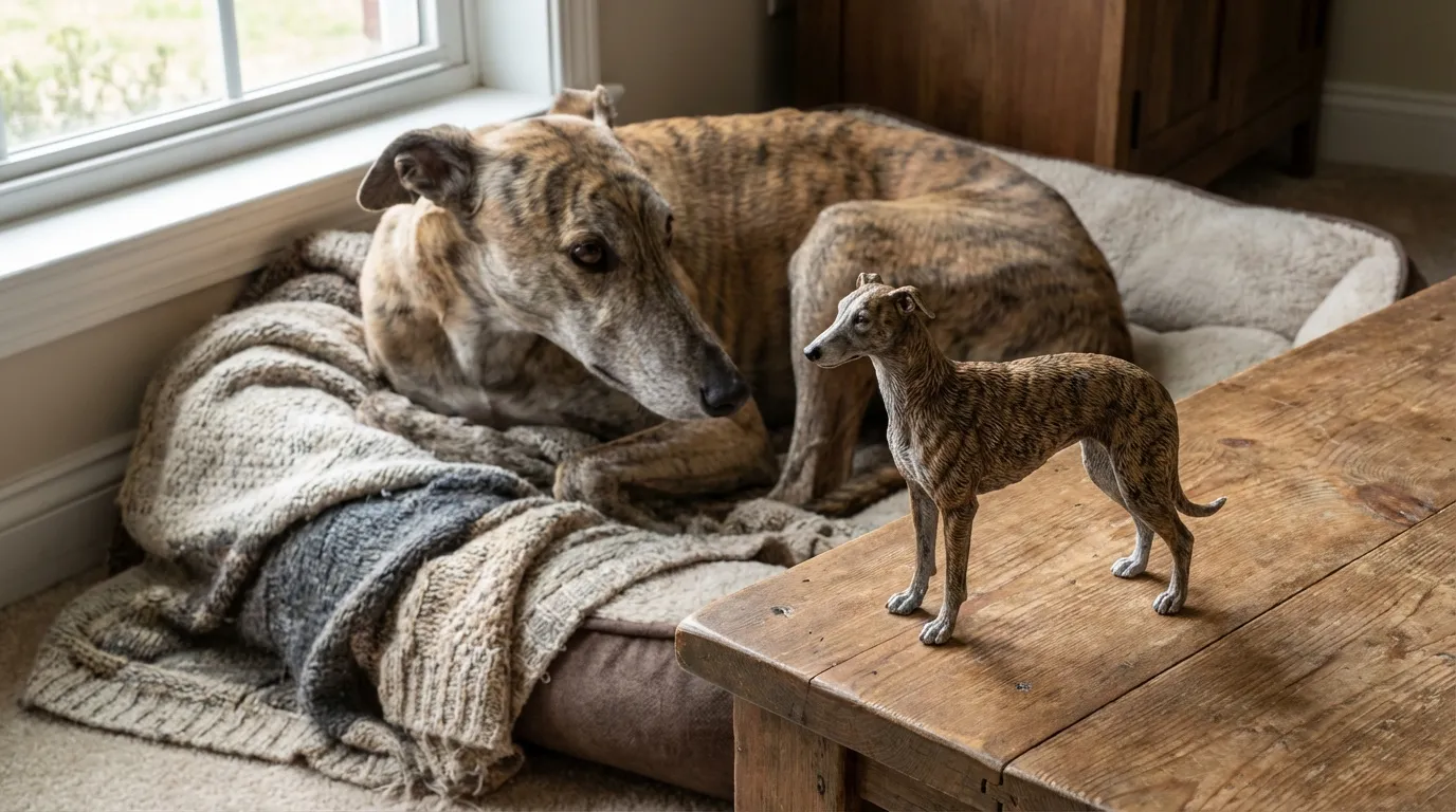 A three-legged Greyhound resting on a blanket with a custom figurine showing its unique stance.