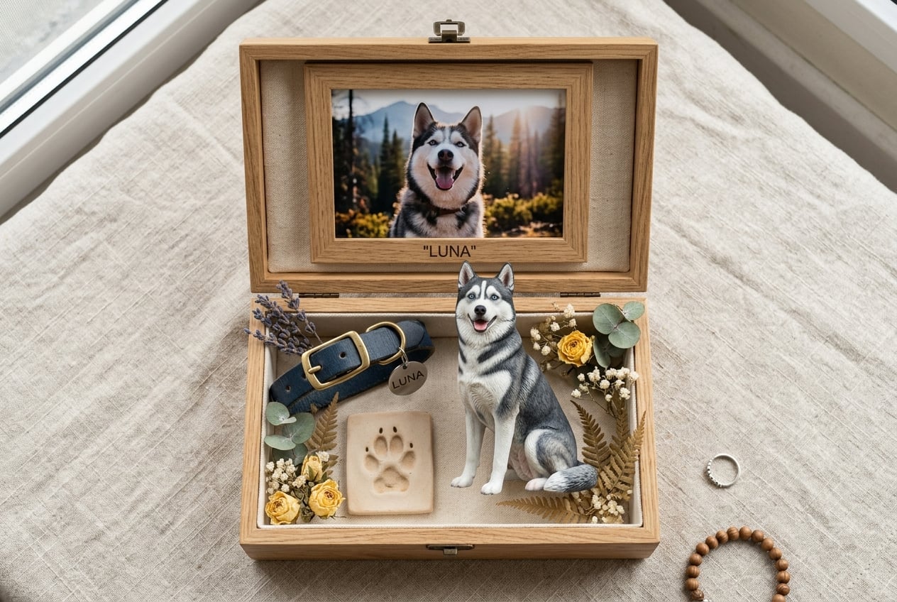 Open wooden memory box with a full-color 3D printed resin figurine of a Husky, collar, paw print, and dried flowers on a linen surface