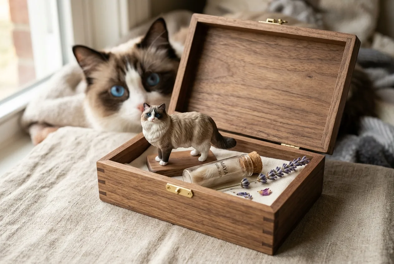Open wooden memory box with a full-color 3D printed resin Ragdoll Cat figurine, fur vial, and dried lavender