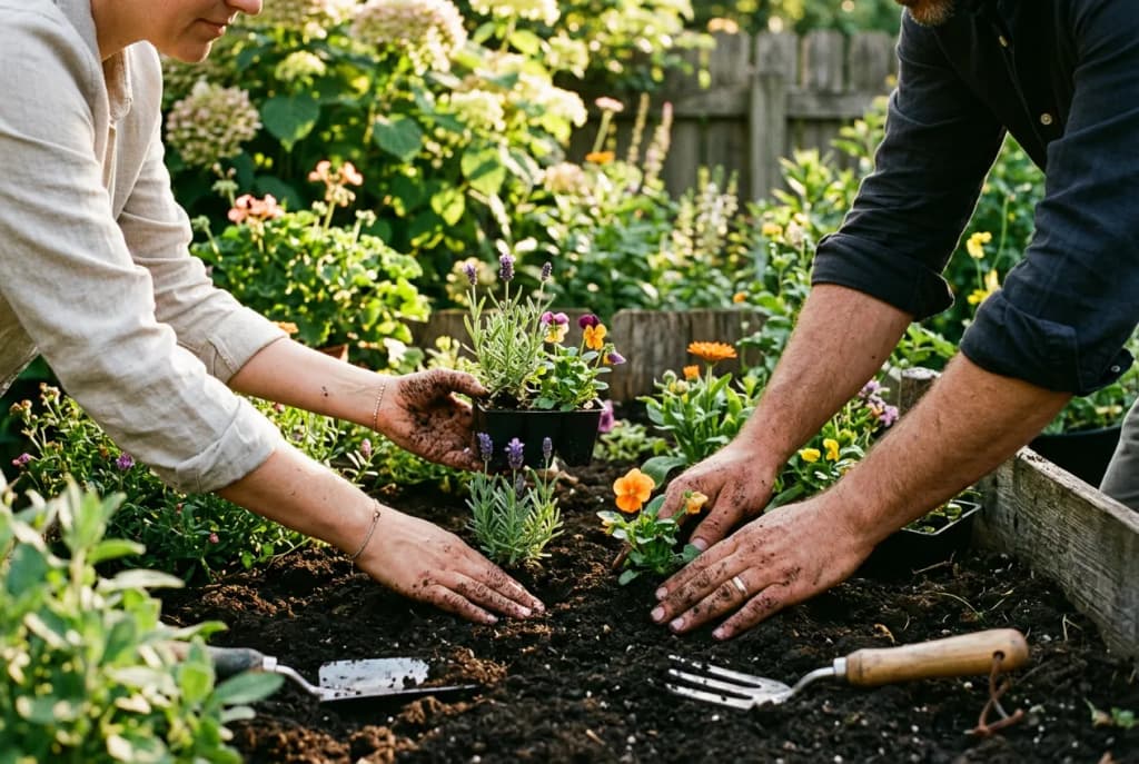 Hands planting flowers in a sunny garden patch, a grounding and therapeutic memorial ritual
